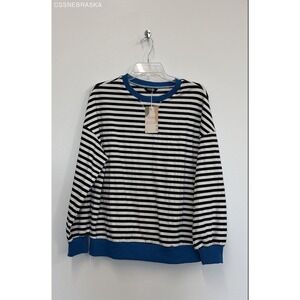 BTFBM Blue/White/Black striped long-sleeved shirt with a blue ribbed collar-‎ S